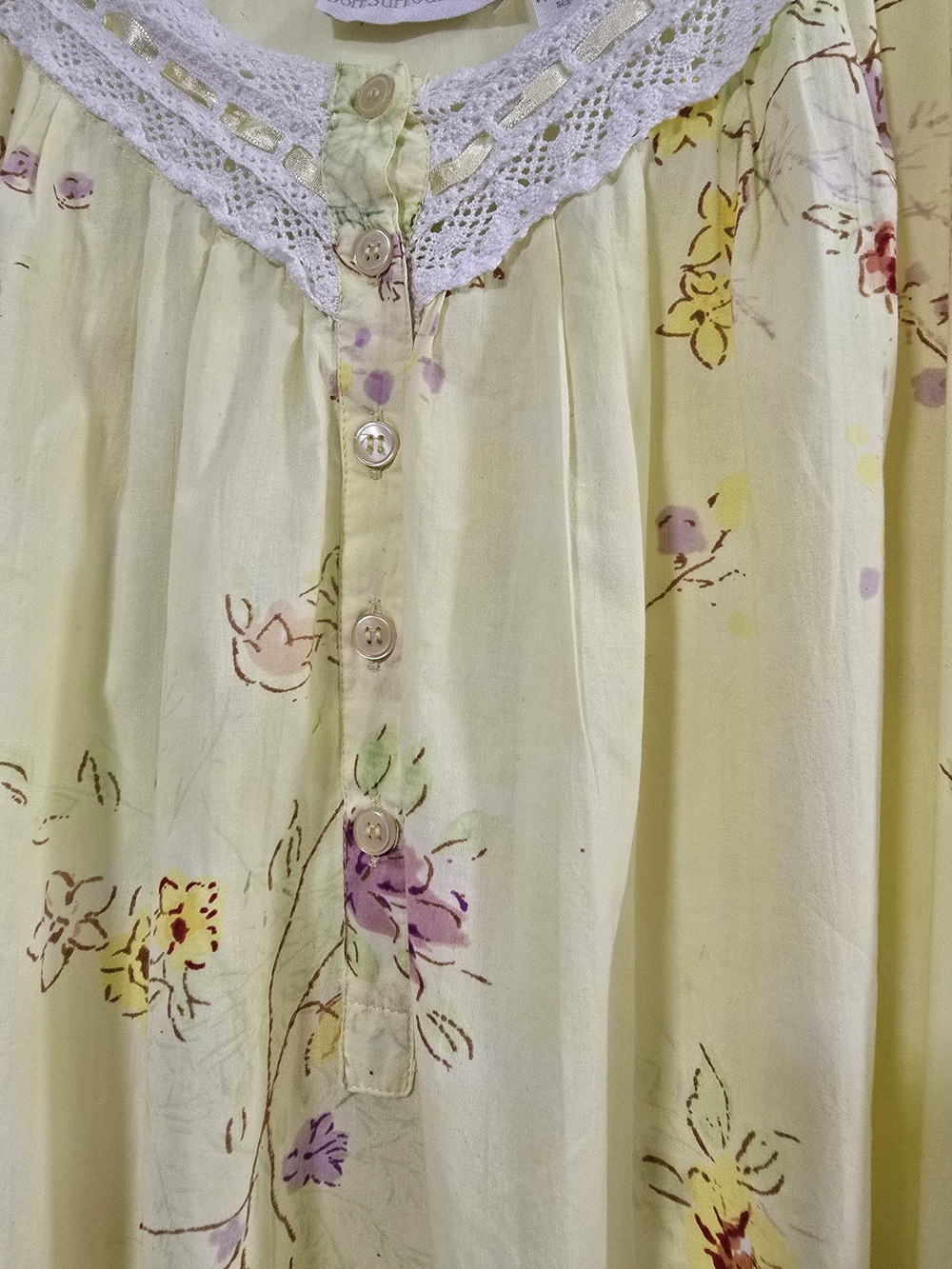 Soft Surroundings Pale Yellow Floral Lace-Trim Maxi Cotton Nightgown Size XL - Picture 9 of 10